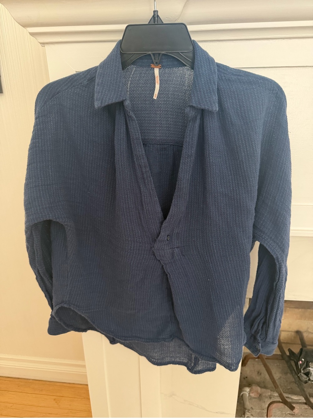 Free People Navy Textured Long-Sleeve Button Down Shirt